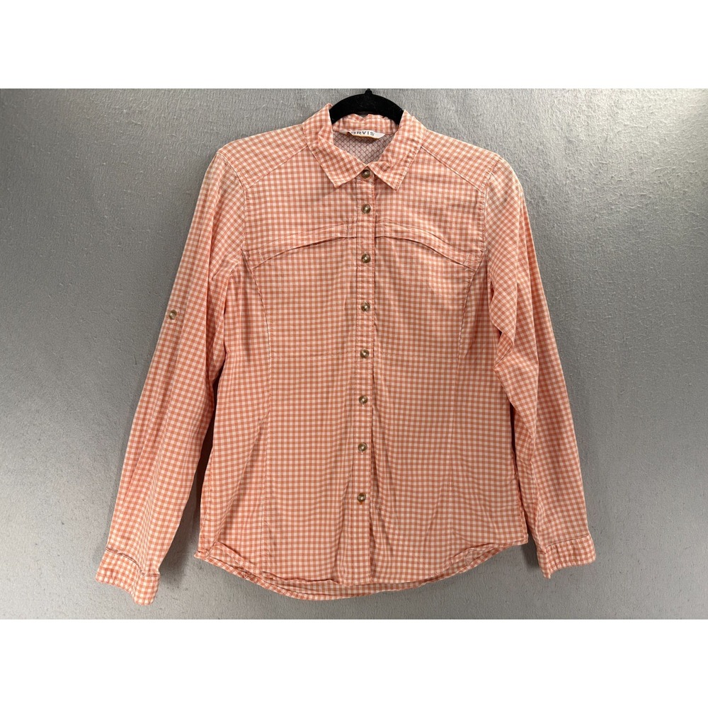Orvis River Guide Top Womens M Orange White Vented Gingham Shirt Hiking Outdoor - Picture 2 of 14